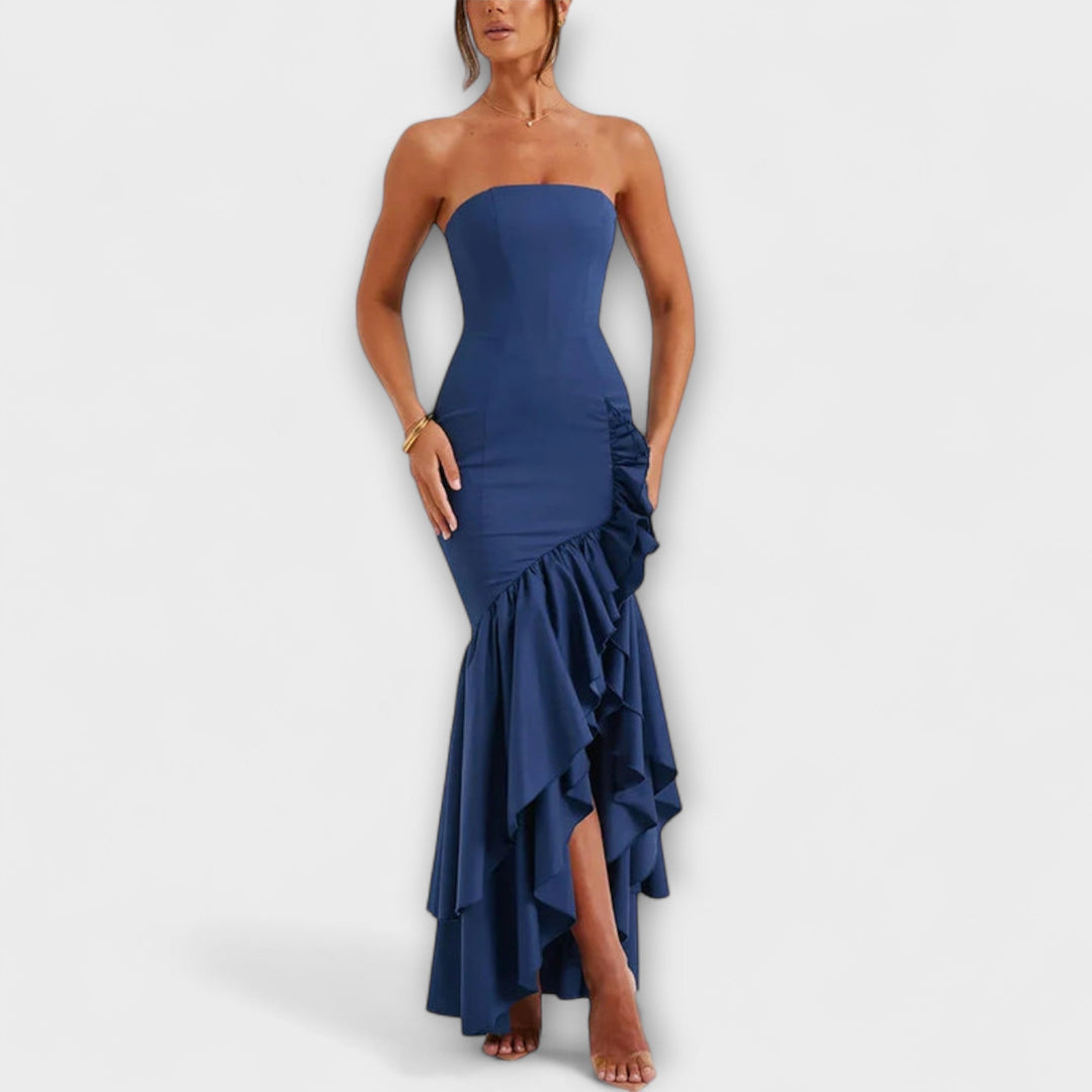 Zuri - Off-Shoulder Slim Fit Maxikleid mit asymmetrischem Saum