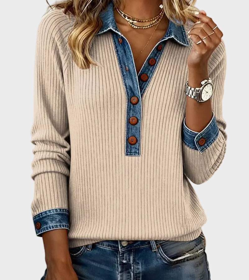 Ravit | Strickbluse in Jeansoptik mit langen Ärmeln