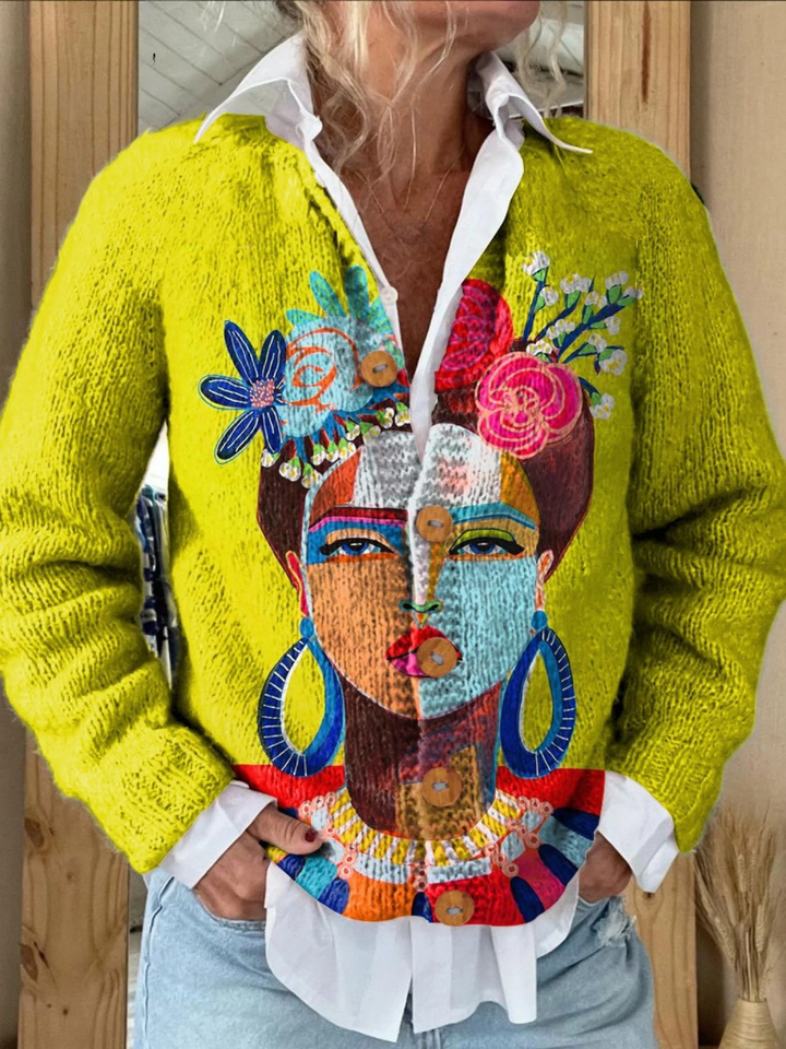 Melissa | Pullover mit gemaltem Porträt und Knöpfen