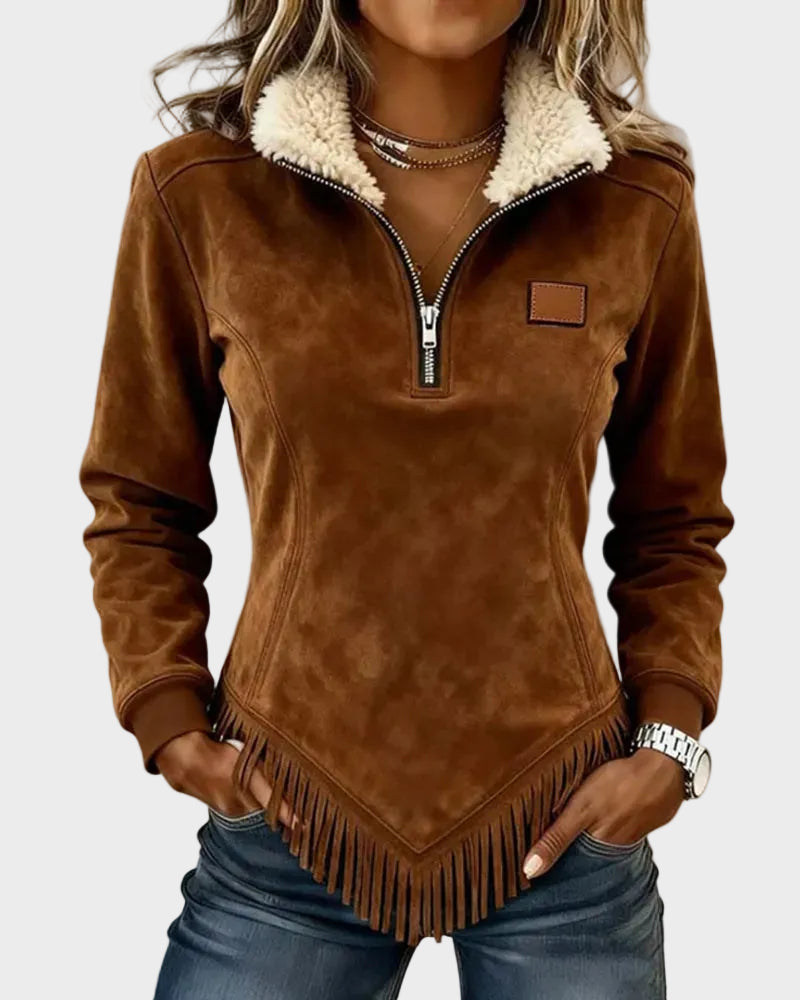 Petra | Elegante Damenbluse mit Fellbesatz und Fransen
