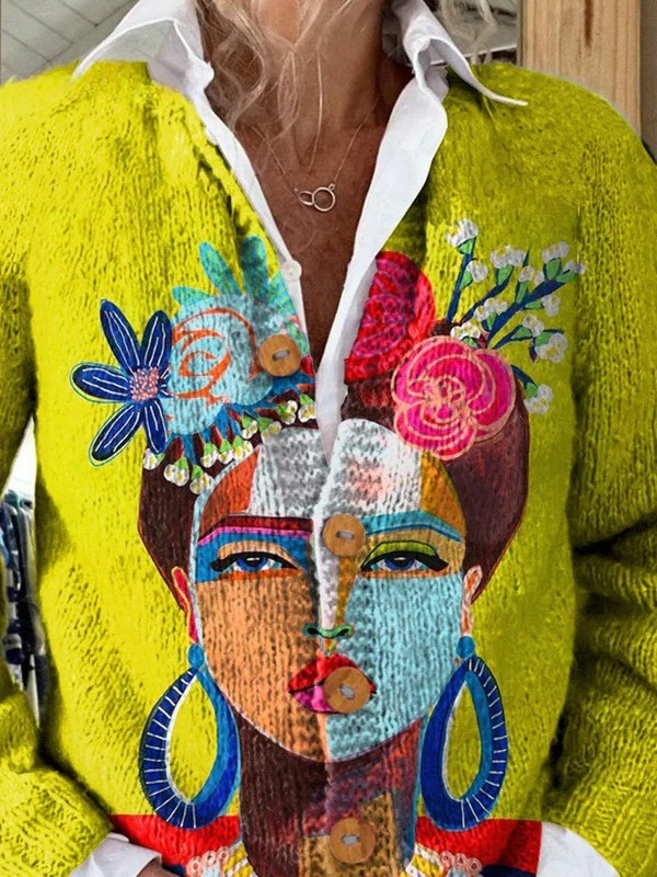 Melissa | Pullover mit gemaltem Porträt und Knöpfen