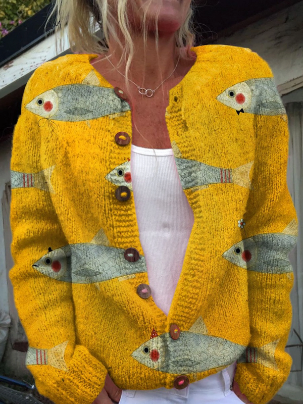 Sienna | Vintage-Pullover mit Fisch- und Sardinendruck und Knöpfen