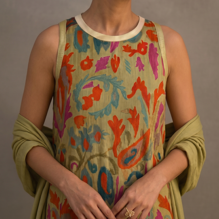 Daniela | Langes Kleid mit Blumenmuster und passender Weste