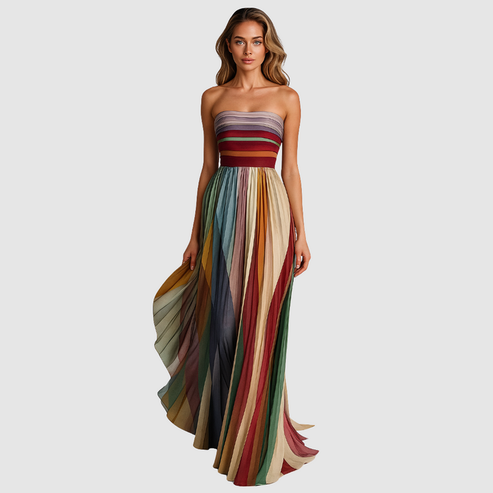 Sara | Langes Plisseekleid mit schulterfreiem Schnitt