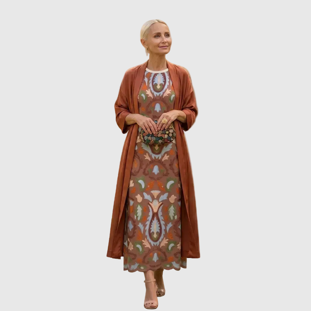 Daniela | Langes Kleid mit Blumenmuster und passender Weste