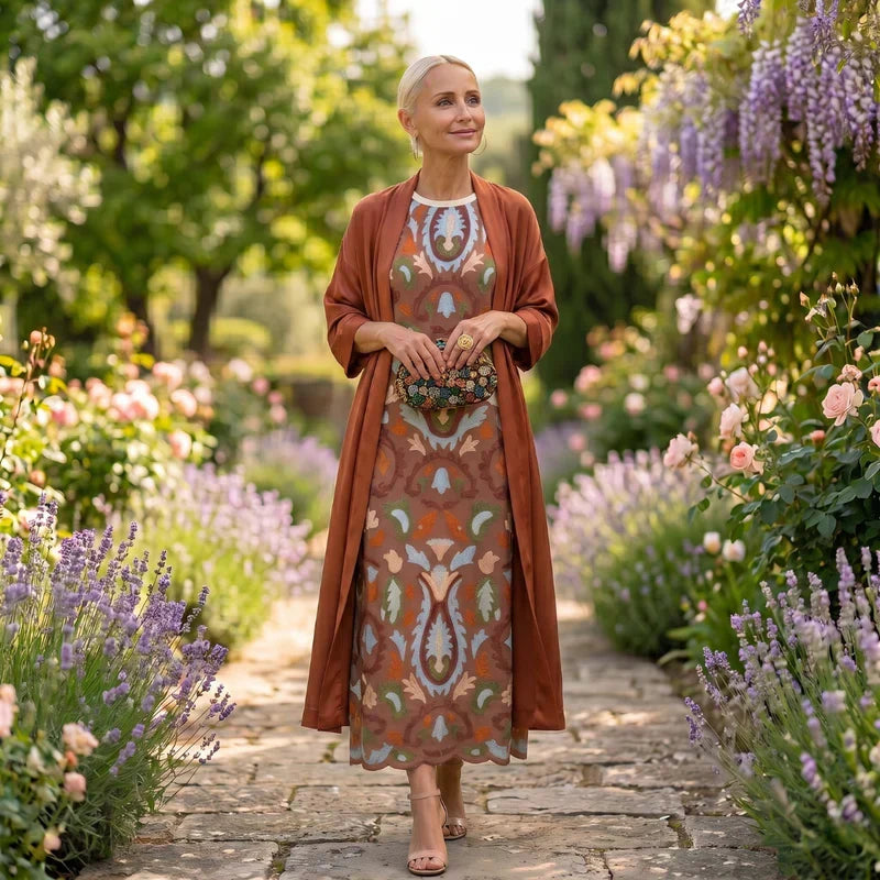 Daniela | Langes Kleid mit Blumenmuster und passender Weste