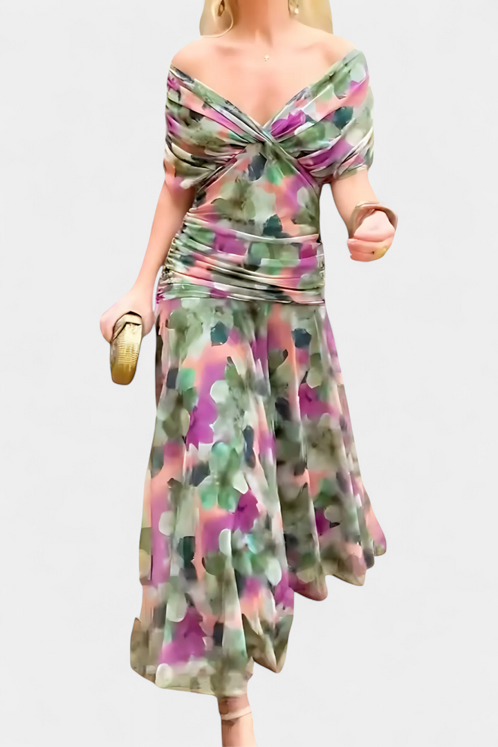 Magda | Langes Blumenkleid mit V-Ausschnitt und Plisseetaille