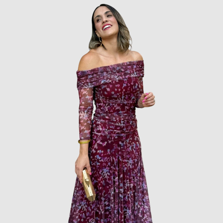 Dana | Abendkleid mit schulterfreiem Ausschnitt und Blumenmuster