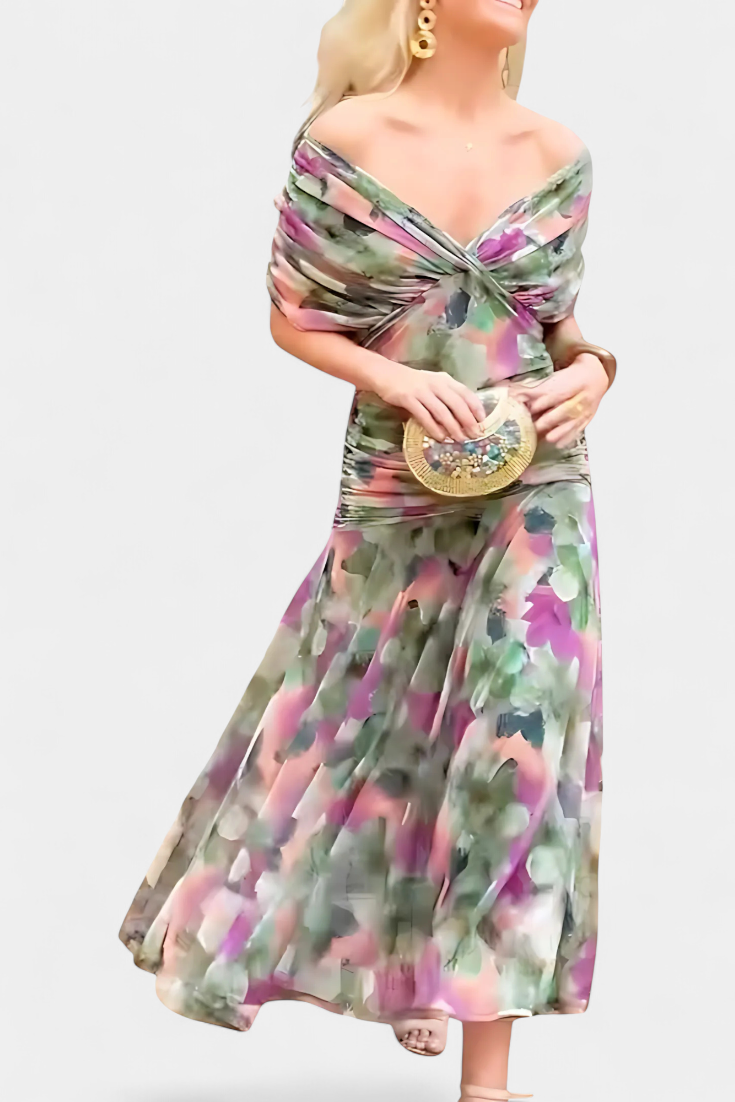 Magda | Langes Blumenkleid mit V-Ausschnitt und Plisseetaille