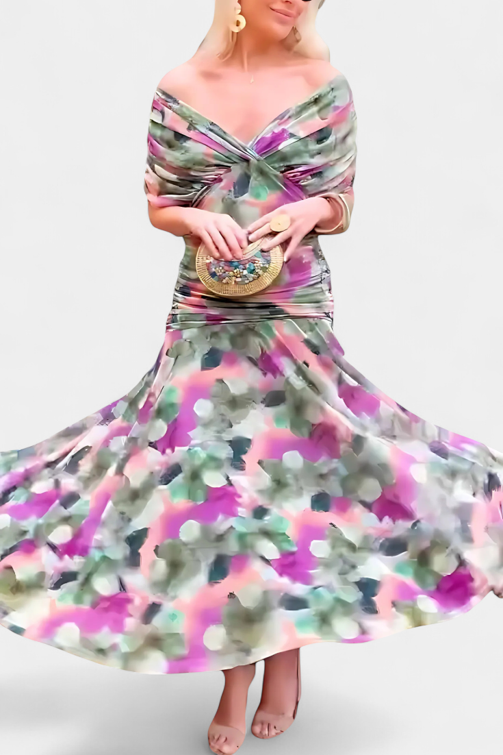 Magda | Langes Blumenkleid mit V-Ausschnitt und Plisseetaille