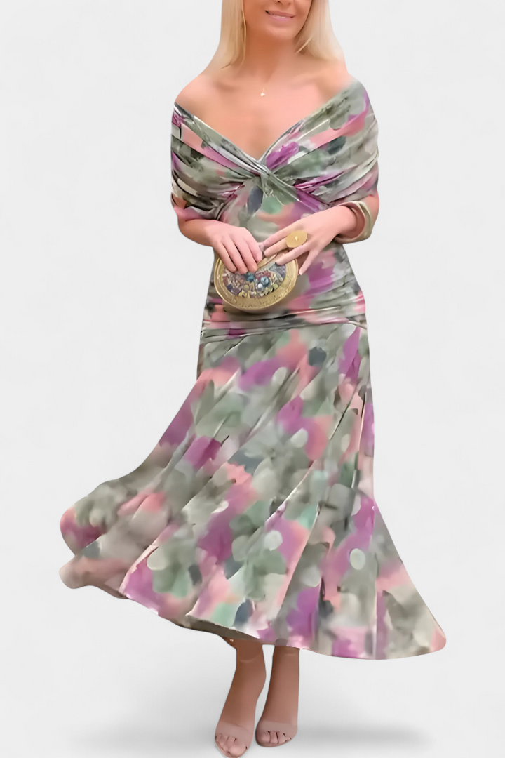Magda | Langes Blumenkleid mit V-Ausschnitt und Plisseetaille