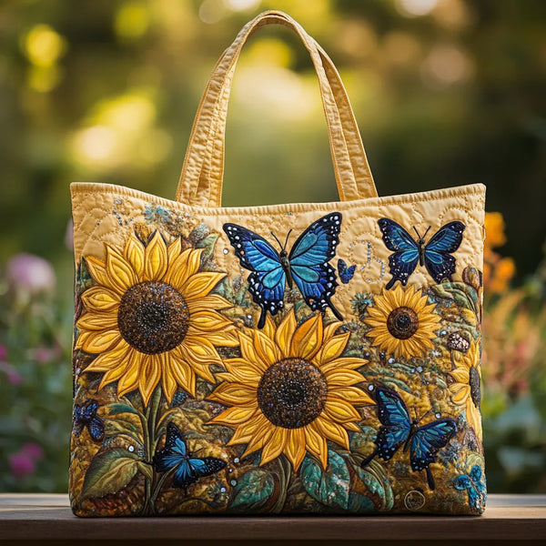 Sonnenblume & Blauer Schmetterling | Gesteppte Shopper-Tasche