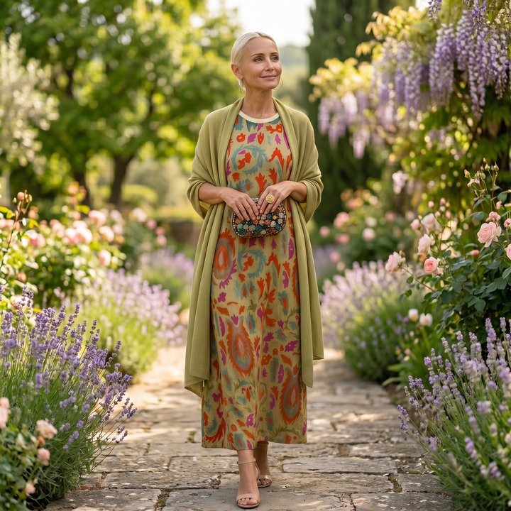 Daniela | Langes Kleid mit Blumenmuster und passender Weste