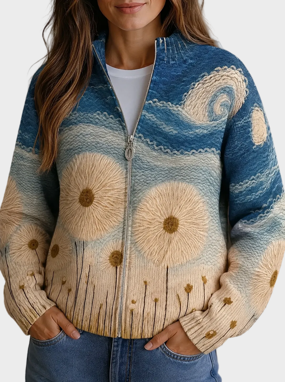 Yolanda | Gesteppter Cardigan mit Reissverschluss und Pusteblumen-Print
