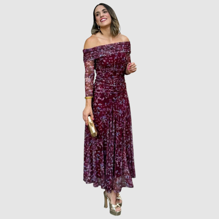 Dana | Abendkleid mit schulterfreiem Ausschnitt und Blumenmuster