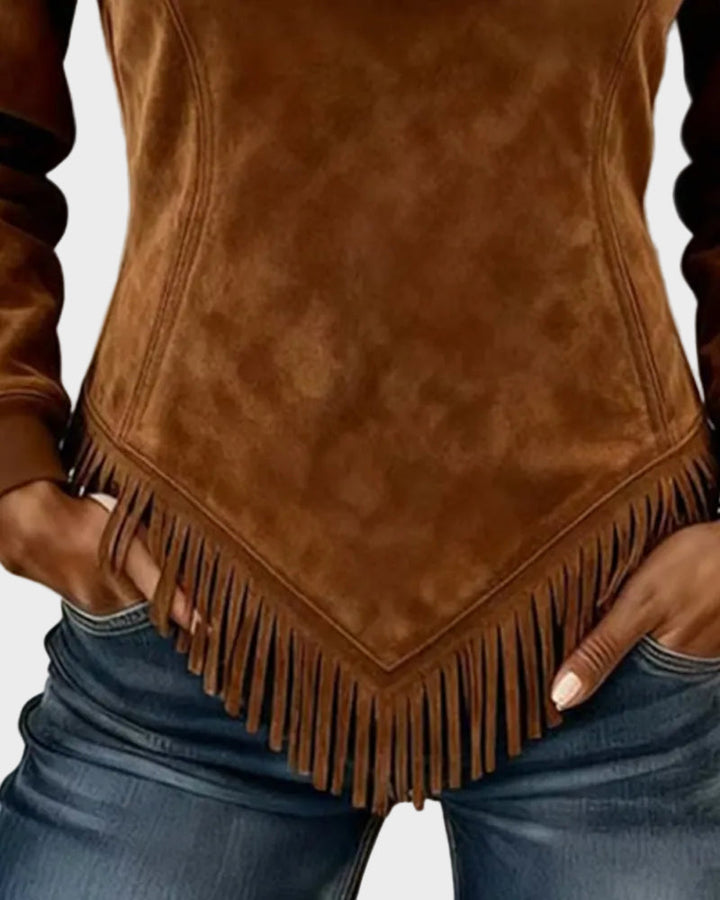 Petra | Elegante Damenbluse mit Fellbesatz und Fransen