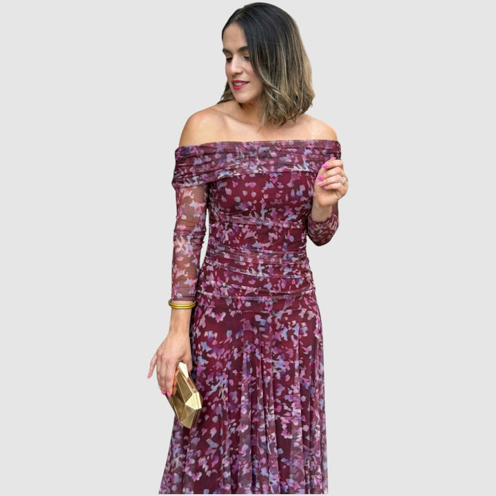 Dana | Abendkleid mit schulterfreiem Ausschnitt und Blumenmuster