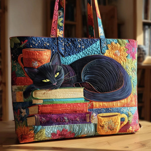 Schwarze Katze, Bücher & Tasse | Gesteppte Shopper-Tasche