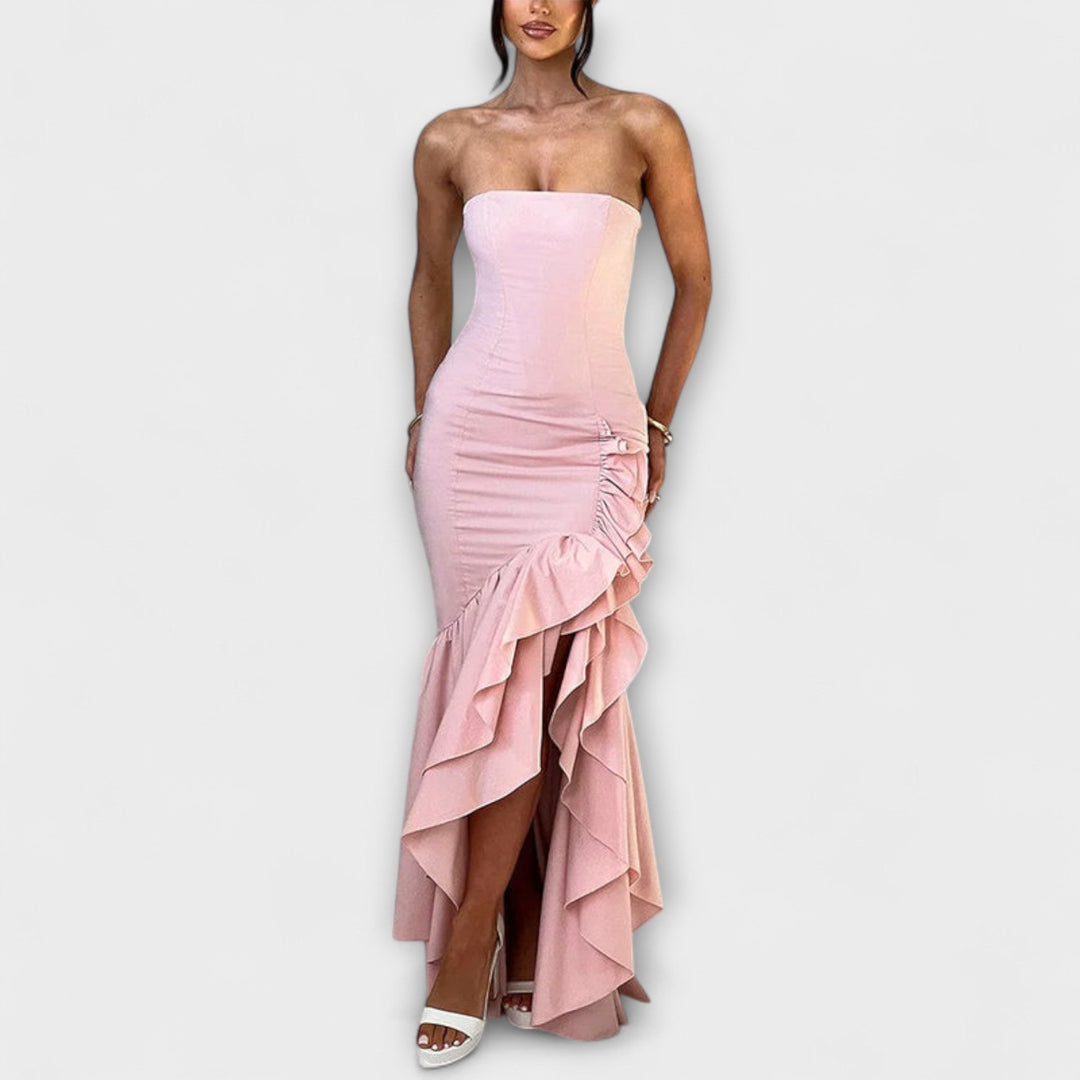Zuri - Off-Shoulder Slim Fit Maxikleid mit asymmetrischem Saum