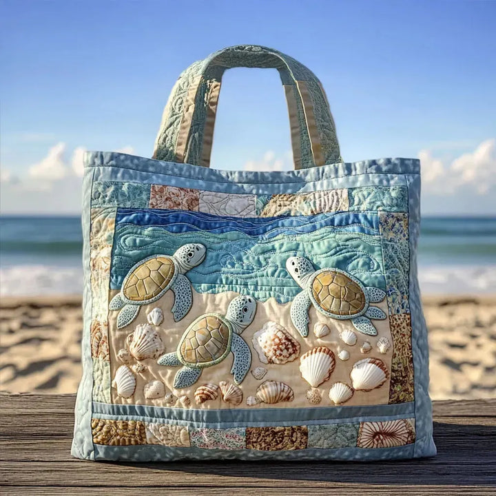 Meeresschildkröten am Strand | Gesteppte Shopper-Tasche