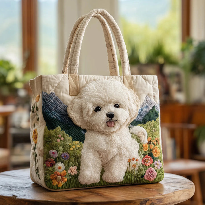 Hund in der Blumenwiese | Gesteppte Shopper-Tasche