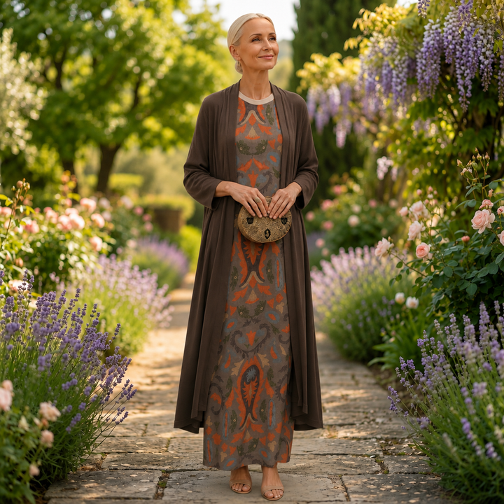 Daniela | Langes Kleid mit Blumenmuster und passender Weste