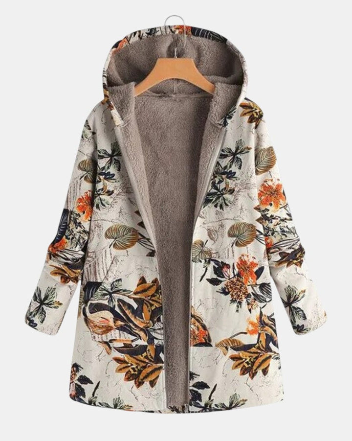 Erika - Boho-Sherpa-Kapuzenmantel mit Blumenmuster