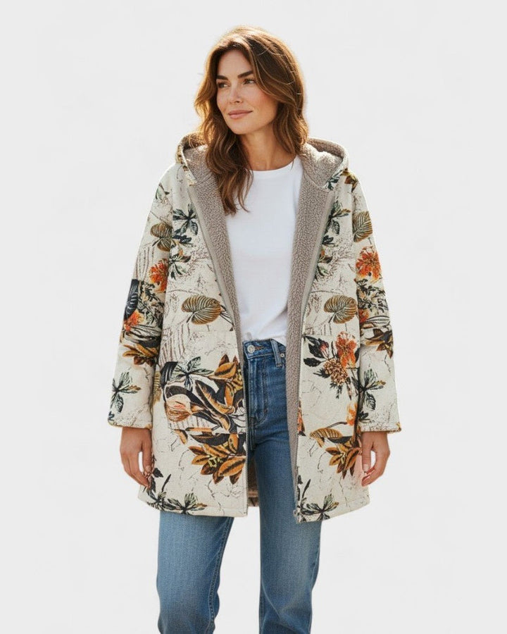 Erika - Boho-Sherpa-Kapuzenmantel mit Blumenmuster