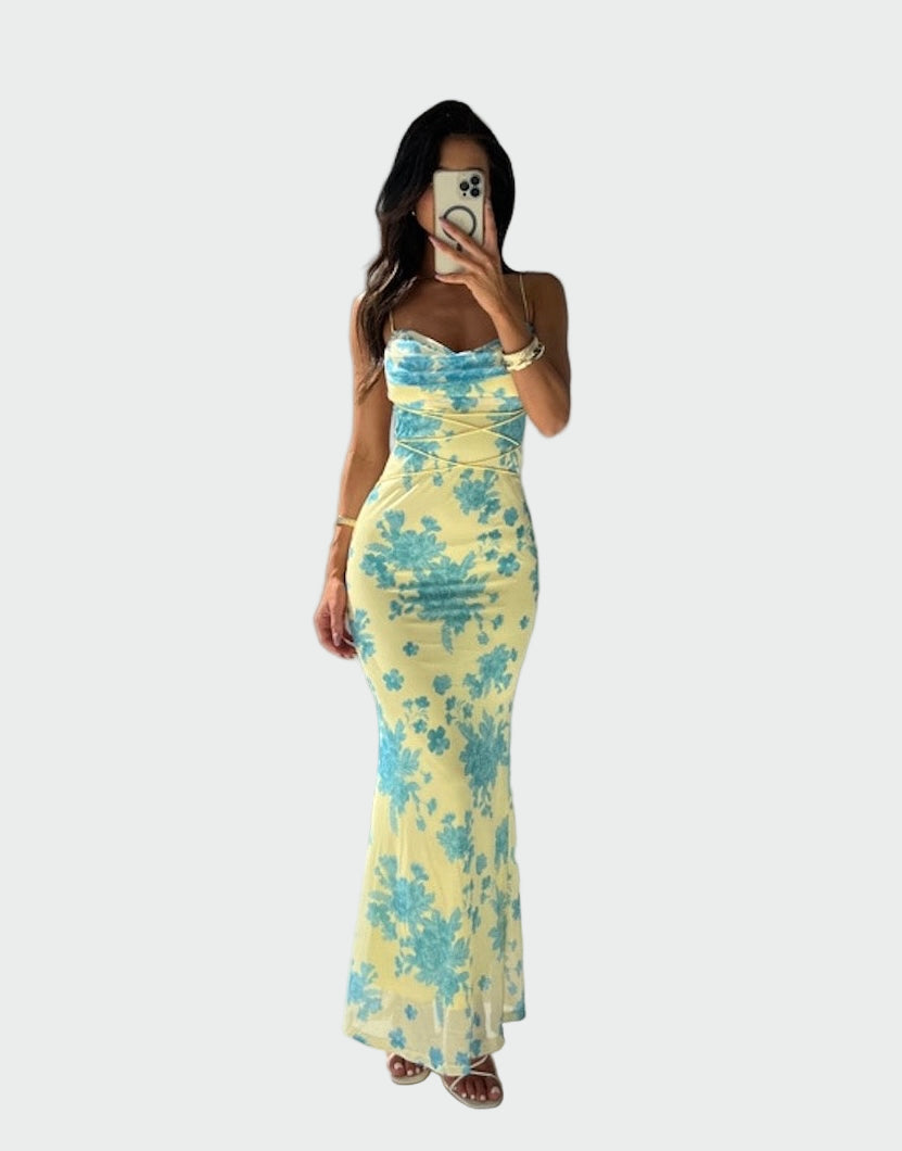 Elisa | Satinkleid mit Blumenmotiv und Drapierung