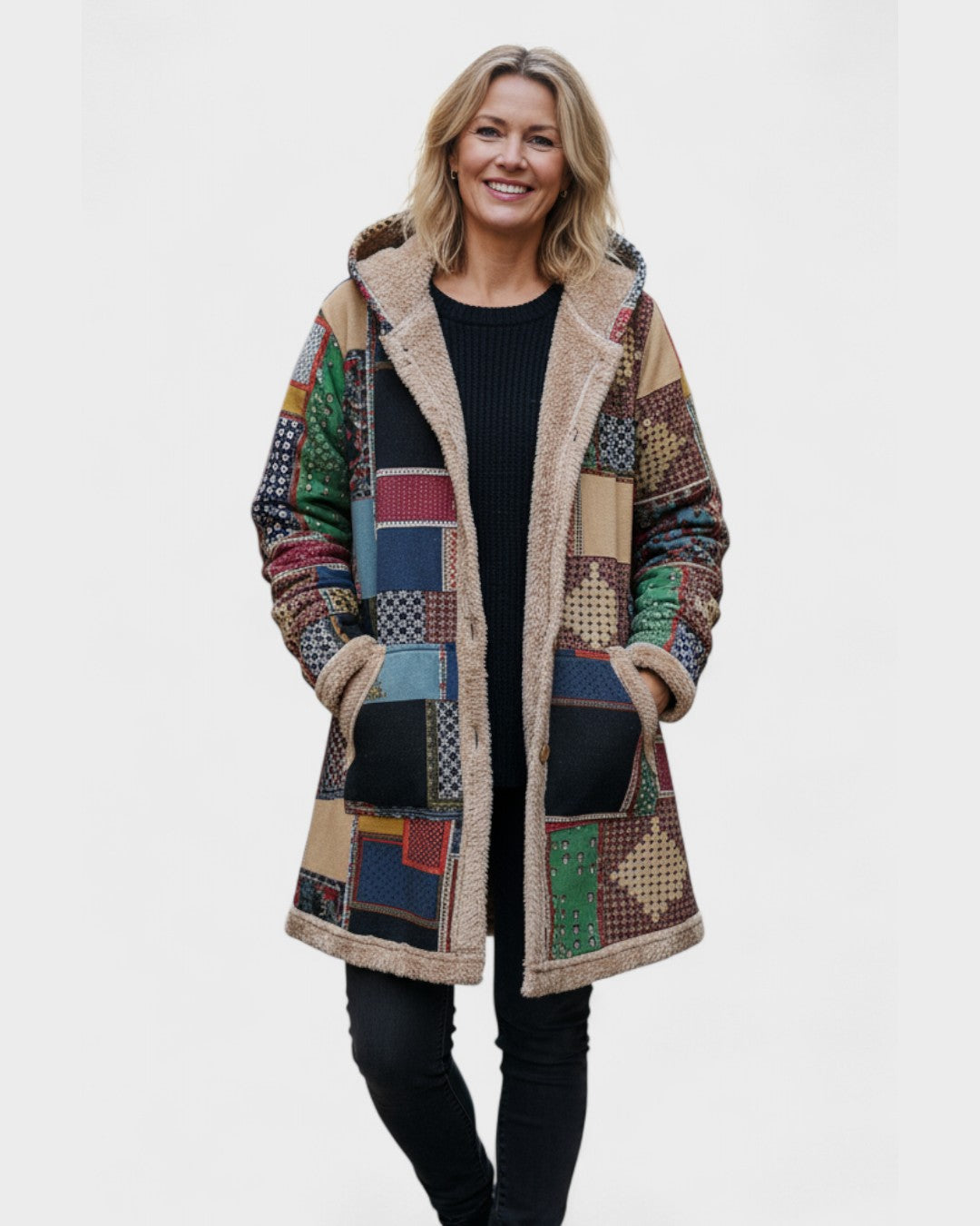 Ute - Gemütlicher Patchwork-Kapuzenpullover in Erdtönen