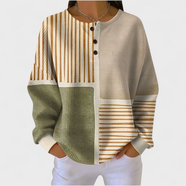 Lina - Beiger Pullover mit Streifen und Patchwork-Muster
