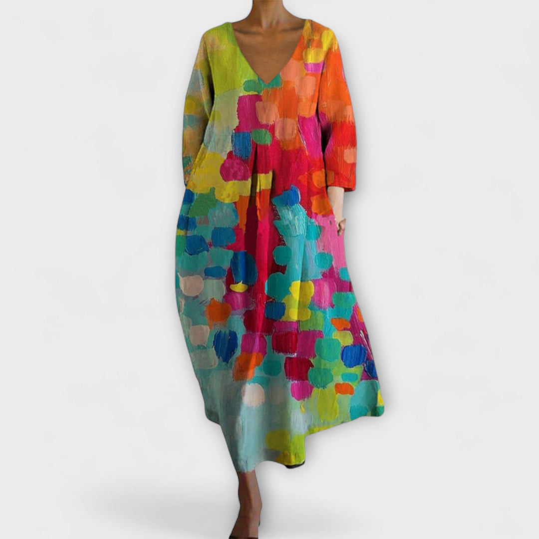Fiona - Langes, farbenfrohes Kleid mit V-Ausschnitt