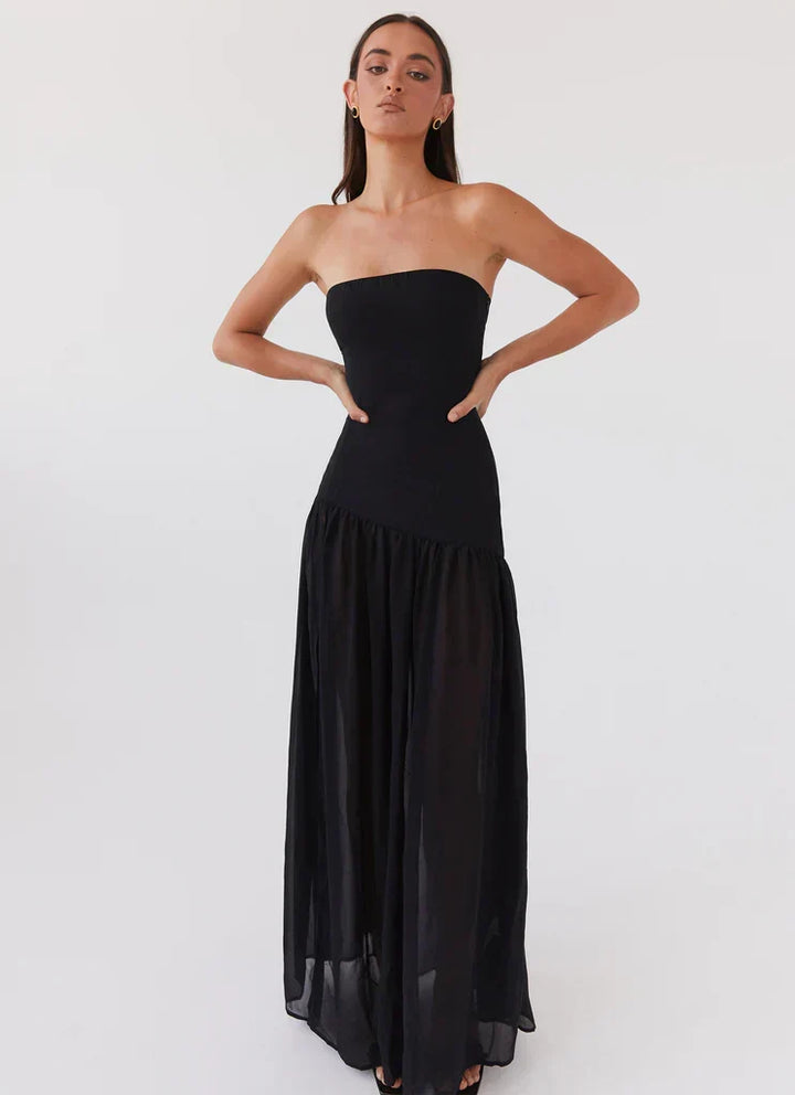 Alexandra | Schulterfreies Maxikleid mit Asymmetrienaht