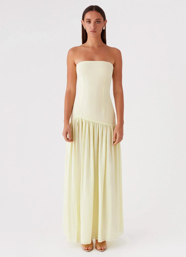 Alexandra | Schulterfreies Maxikleid mit Asymmetrienaht
