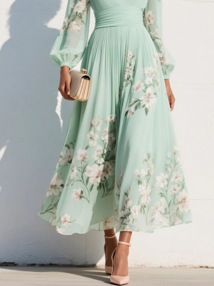 Lucija | Mintgrünes Chiffon-Midikleid mit Blumenstickerei