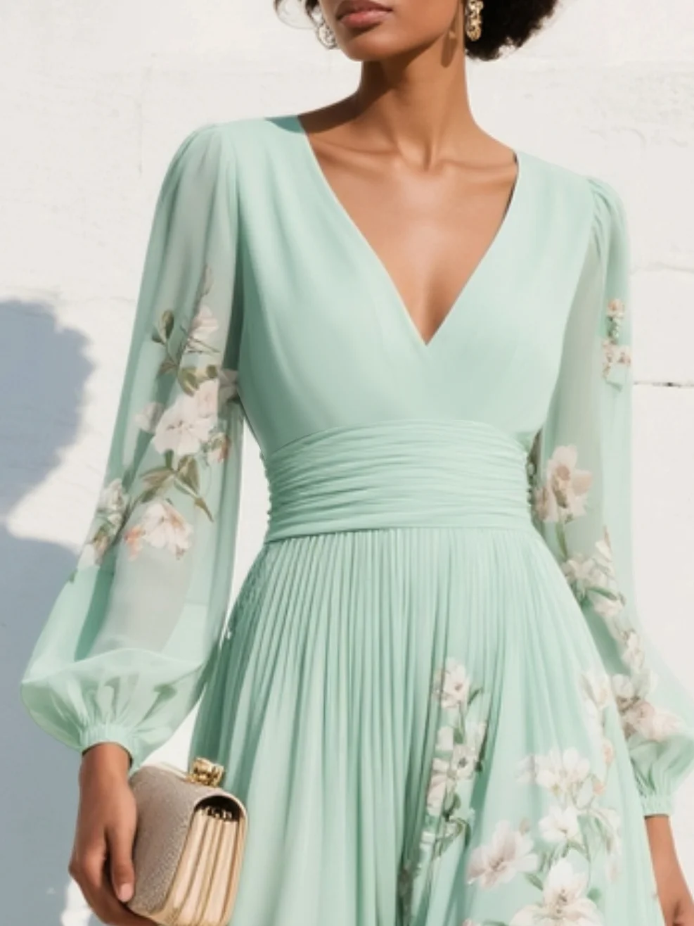 Lucija | Mintgrünes Chiffon-Midikleid mit Blumenstickerei