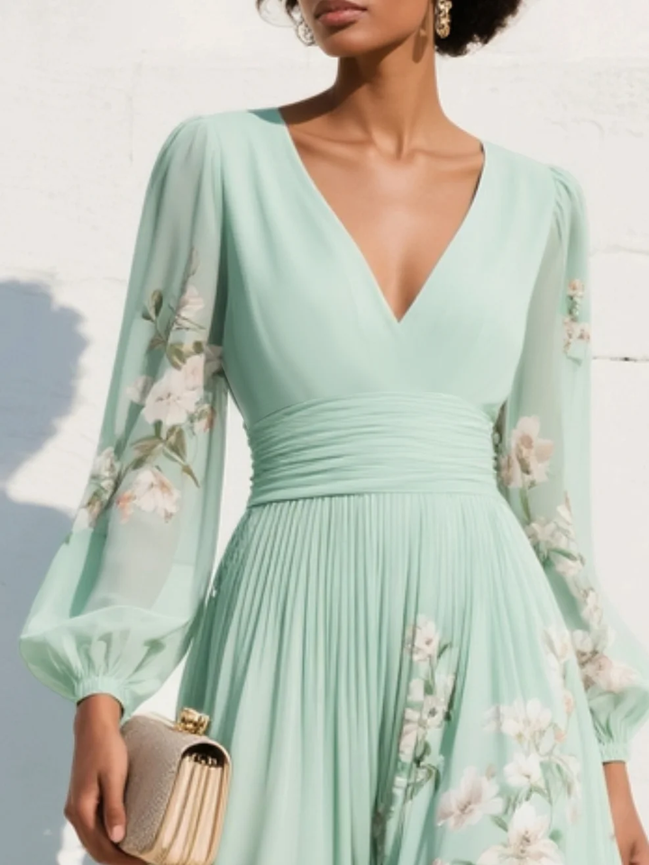 Lucija | Mintgrünes Chiffon-Midikleid mit Blumenstickerei