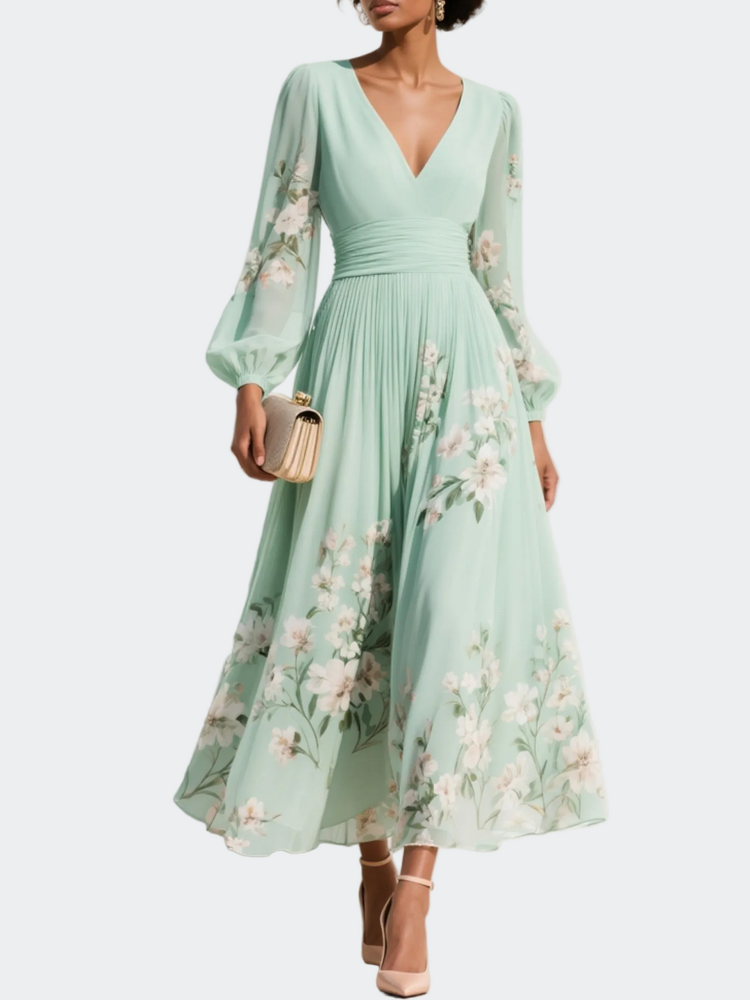 Lucija | Mintgrünes Chiffon-Midikleid mit Blumenstickerei