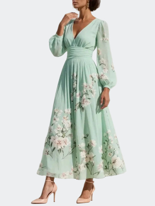 Lucija | Mintgrünes Chiffon-Midikleid mit Blumenstickerei