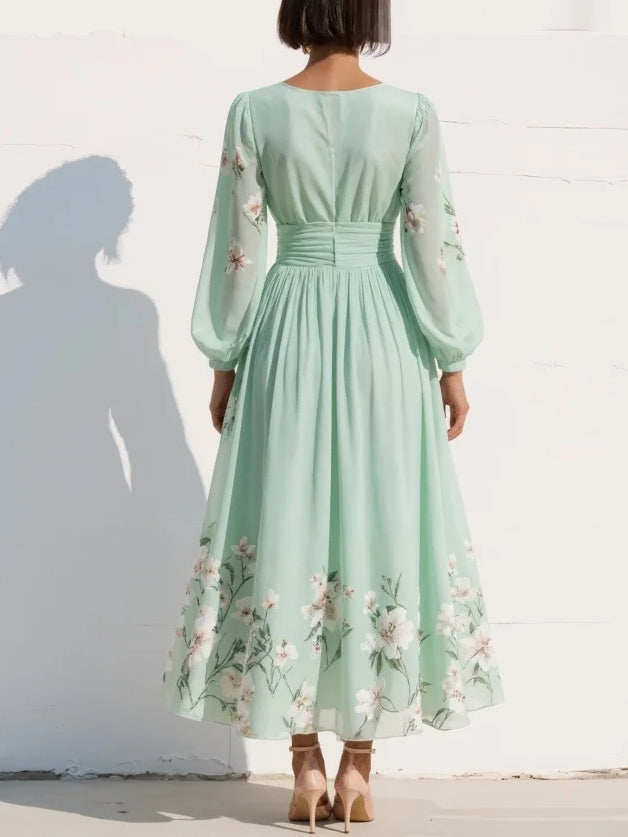 Lucija | Mintgrünes Chiffon-Midikleid mit Blumenstickerei