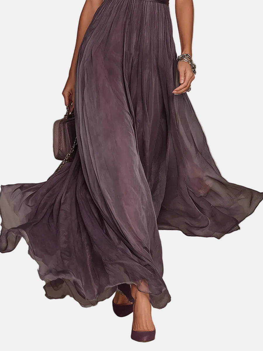 Flavia | Langes violettes Chiffonkleid mit Spitzenabschluss