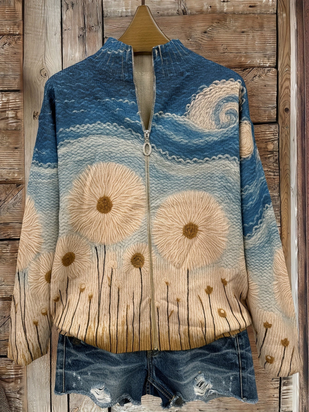 Yolanda | Gesteppter Cardigan mit Reissverschluss und Pusteblumen-Print