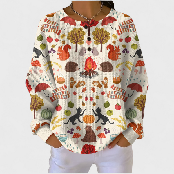 Beatrix - Pullover in Creme mit Herbstwald-Muster