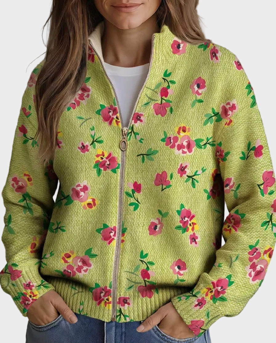 Constance | Rosa Blumen-Cardigan mit Reissverschluss