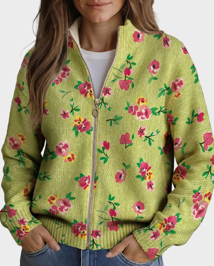 Constance | Rosa Blumen-Cardigan mit Reissverschluss