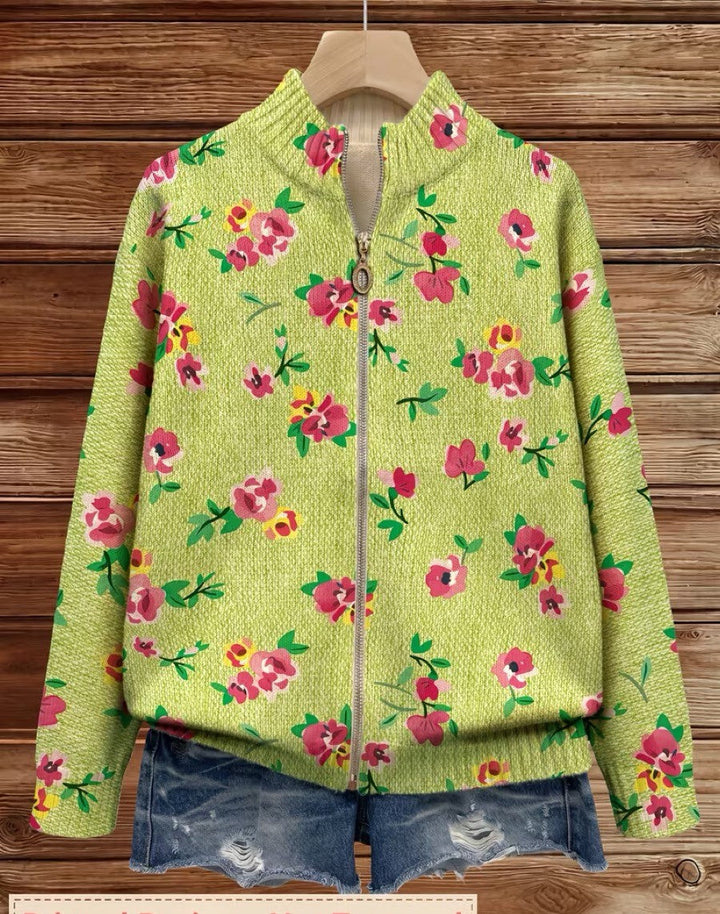Constance | Rosa Blumen-Cardigan mit Reissverschluss