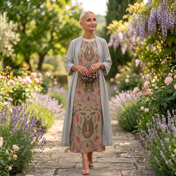 Daniela | Langes Kleid mit Blumenmuster und passender Weste