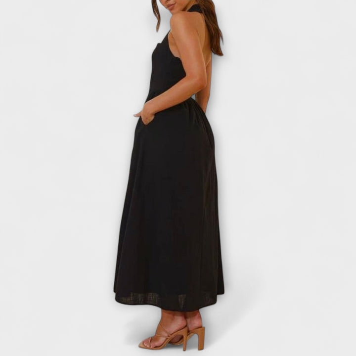 Lydia - Mid-Length Schwarzes Halterkleid mit Taillendetail