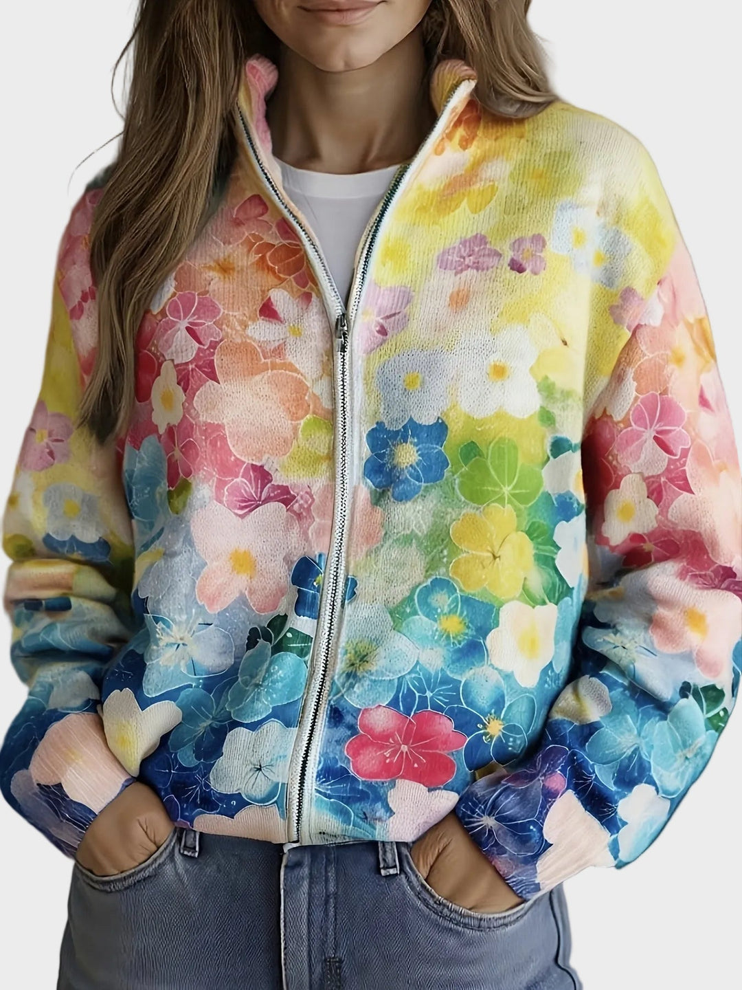 Augusta | Cardigan mit Aquarell-Blumen im Ombré