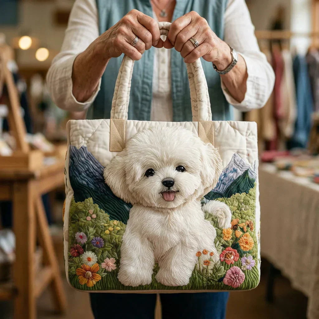 Hund in der Blumenwiese | Gesteppte Shopper-Tasche